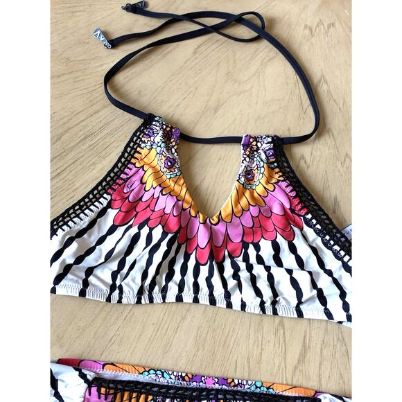 Trina Turk Ibiza Bikini Sz 6 Peacock Feathers Multicolored print Crochet Boho - Picture 4 of 16